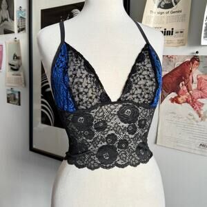 Black lace bralette with blue velvet